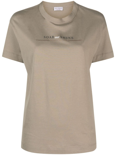 Shop Brunello Cucinelli Slogan-print Cotton T-shirt In Neutrals