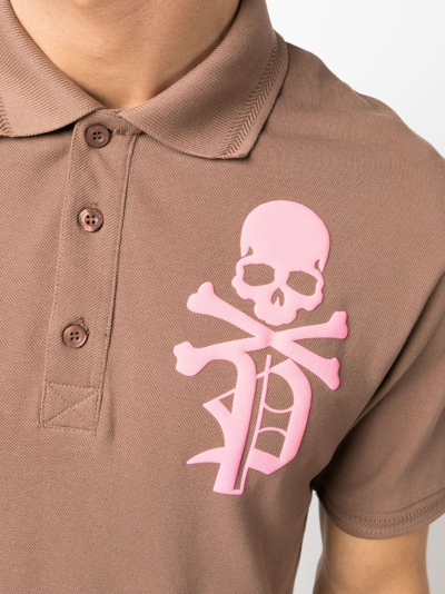 Shop Philipp Plein Skull & Bones Piqué Polo Shirt In Brown