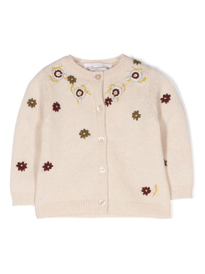 Shop Bonpoint Floral-embroidered Knitted Cardigan In Neutrals