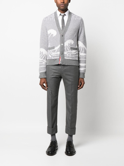 Shop Thom Browne Wave-print Knit Cardigan In Grey