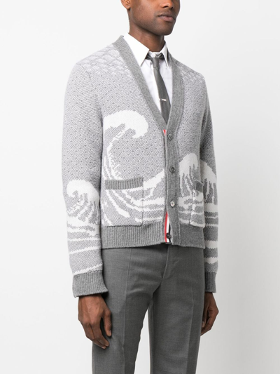 Shop Thom Browne Wave-print Knit Cardigan In Grey