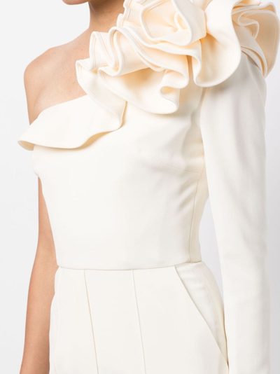 Shop Elie Saab Cady Ruffled One-shoulder Jumpsuit In White