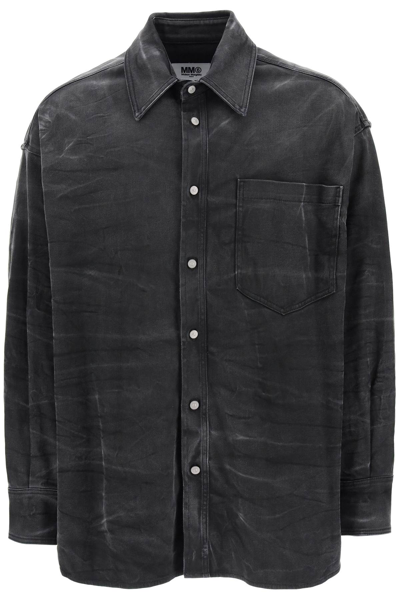Shop Mm6 Maison Margiela Crinkle-effect Denim Overshirt In Black (grey)