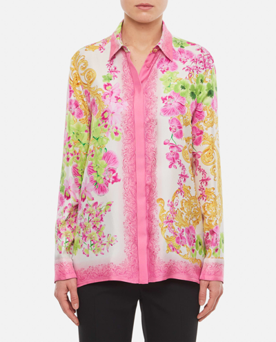 Shop Versace Flower Print Silk Shirt In Pink