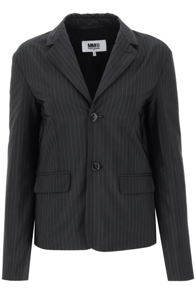 Shop Mm6 Maison Margiela Padded Blazer With Pinstripe Motif In Black Grey (black)