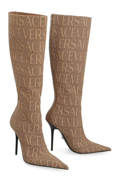 Shop Versace Fabric Knee Boots In Beige