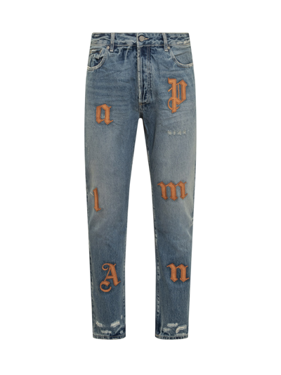 Shop Palm Angels Jeans With Logo In Light Blue