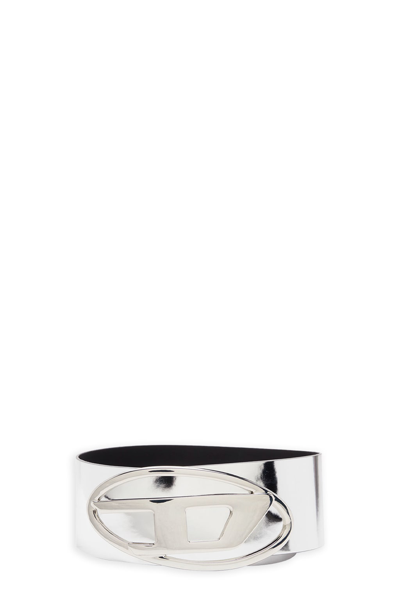 Shop Diesel Oval D Logo B-1dr 80 Belt Metallic Silver Leather Wide Belt With Oval-d - B-1dr 80 Belt In Argento