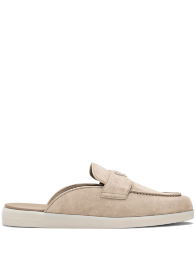Shop Prada Triangle-logo Backless Suede Loafers In Neutrals