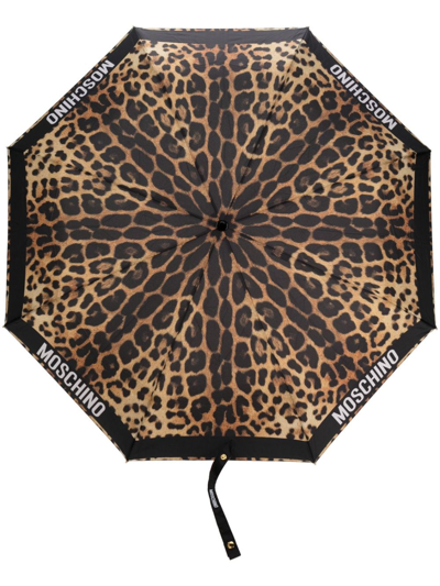 Shop Moschino Cheetah-print Compact Umbrella In Black
