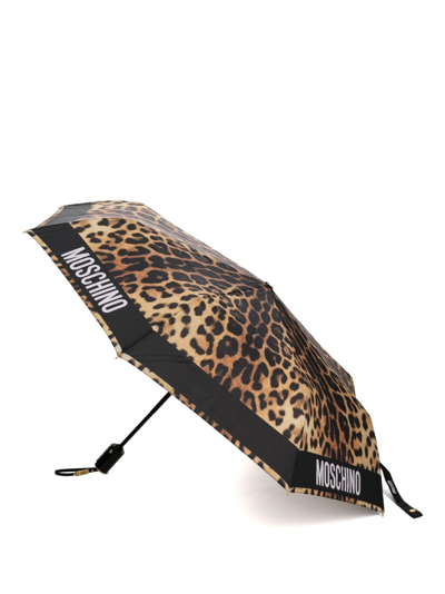 Shop Moschino Cheetah-print Compact Umbrella In Black