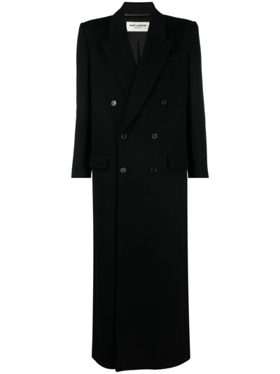 Shop Saint Laurent Double-breasted Long Coat In Schwarz