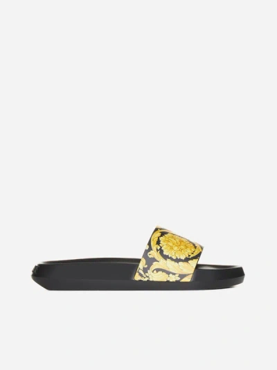 Shop Versace Barocco Print Rubber Slides In Black,gold