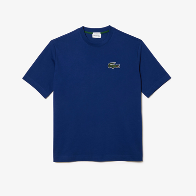 Shop Lacoste Unisex Loose Fit Large Croc Organic Heavy Cotton T-shirt In Blue