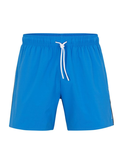 Shop Hugo Boss Men's Recycled-material Swim Shorts With Signature Stripe And Logo In Blue