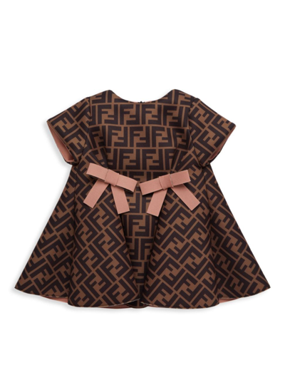 Shop Fendi Baby Girl's Ff Print Bow-accented Dress In Brown Pink