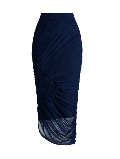 Shop Herve Leger Women's Ruched Mesh Pencil Midi-skirt In Classic Blue