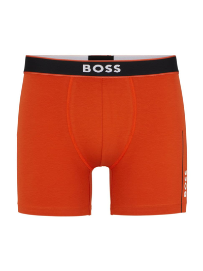 Shop Hugo Boss Men's Stretch-cotton Boxer Briefs With Stripes And Logos In Dark Orange