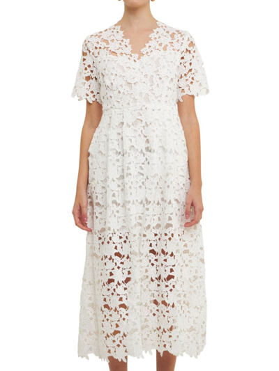 Shop Endless Rose Women's All Over Lace Short Sleeves Midi Dress In White