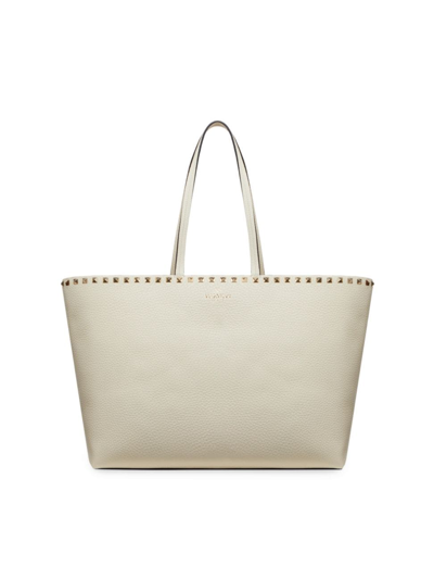 Shop Valentino Women's Rockstud Grainy Calfskin Tote Bag In Light Ivory