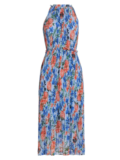 Shop Elie Tahari Women's Morgan Floral Pleated Midi-dress In Pool Blue Floral Print