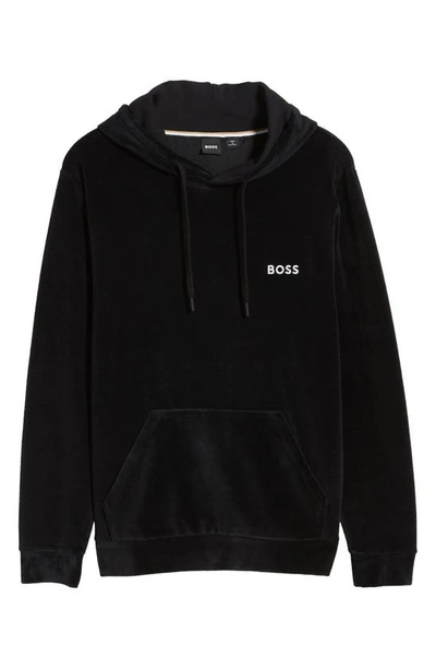 Shop Hugo Boss Boss Heritage Logo Embroidered Velour Lounge Hoodie In Black