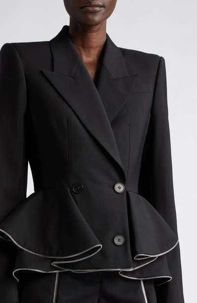 Shop Alexander Mcqueen Zip Ruffle Wool & Mohair Blend Jacket In 1000 Black