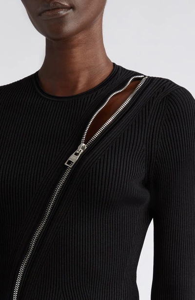 Shop Alexander Mcqueen Asymmetric Slash Zipper Rib Sweater In 1038 Black/ Silver
