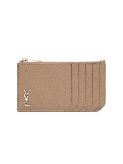 Shop Saint Laurent Men's Tiny Cassandre Fragments Zipped Card Case In Grained Leather In Brown