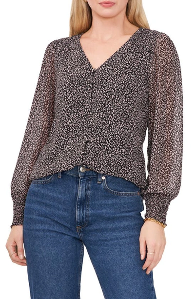 Shop Chaus Balloon Sleeve Chiffon Button-up Top In Black/ Taupe