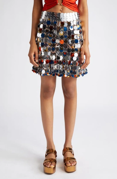 Shop Paco Rabanne Paillette Semisheer Miniskirt In M097 Silver / Bright Orange /