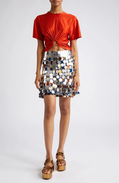 Shop Paco Rabanne Paillette Semisheer Miniskirt In M097 Silver / Bright Orange /