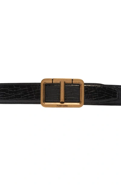Shop Tom Ford Scored Buckle Alligator Embossed Leather Belt In Black