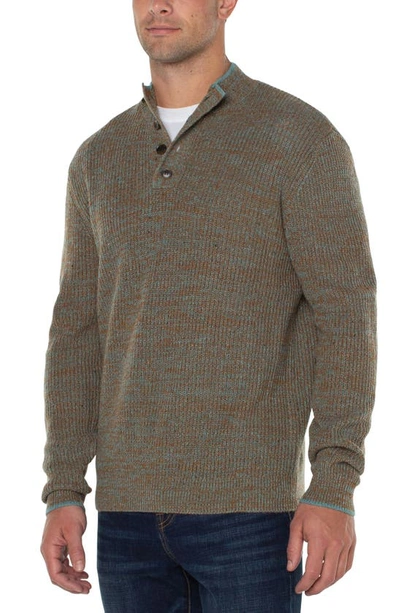 Liverpool Los Angeles Button Mock Neck Marled Sweater In Caramel Multi