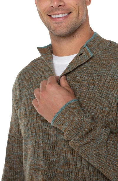 Liverpool Los Angeles Button Mock Neck Marled Sweater In Caramel Multi