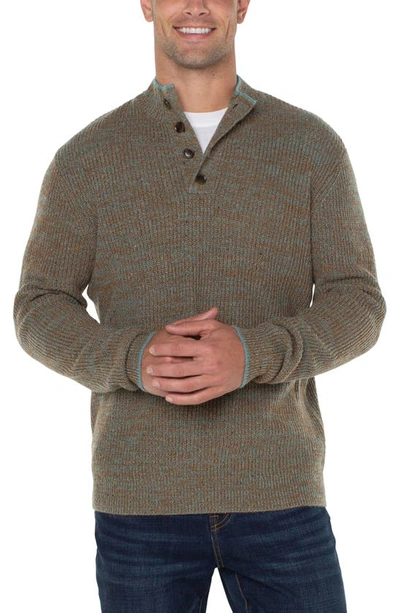 Liverpool Los Angeles Button Mock Neck Marled Sweater In Caramel Multi