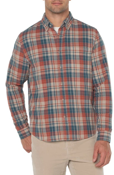 Shop Liverpool Los Angeles Plaid Button-down Shirt In Oat/ Teal Multi