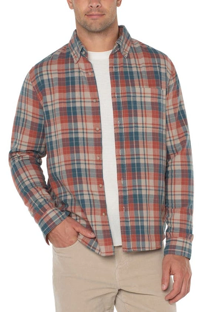 Shop Liverpool Los Angeles Plaid Button-down Shirt In Oat/ Teal Multi