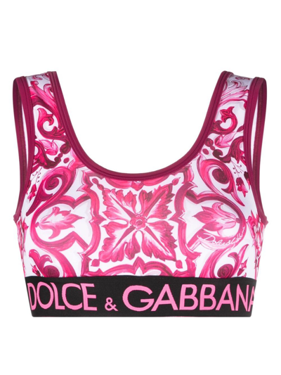 Shop Dolce & Gabbana Pink Majolica Print Crop Top In Rosa