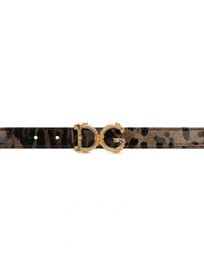 Shop Dolce & Gabbana Brown Belt With Barocco Dg Logo Buckle And Leopard Print In Leather Woman In Beige