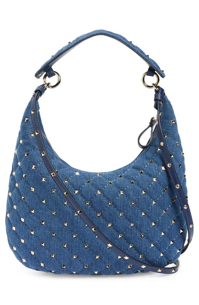 Valentino Rockstud Small Quilted Denim Hobo Bag In 849 Light Denim