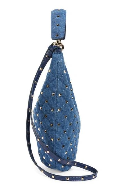 Shop Valentino Small Rockstud Quilted Denim Hobo Bag In 849 Light Denim