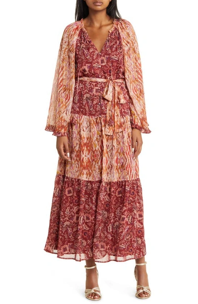 Shop Btfl-life Kira Mixed Print Long Sleeve Belted Dress In Merlot