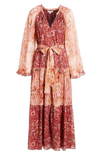 Shop Btfl-life Kira Mixed Print Long Sleeve Belted Dress In Merlot