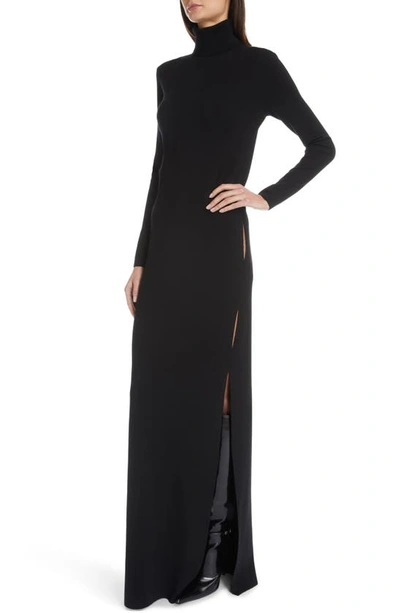 Shop Saint Laurent Cutout Long Sleeve Wool Turtleneck Maxi Sweater Dress In Noir