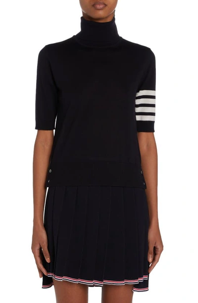 Thom Browne Black Short Sleeve Sweater With 4-bar Detail In Wool Woman In Navy