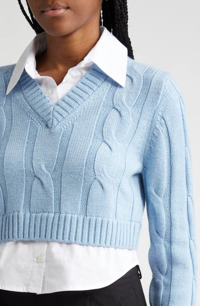 Shop Staud Duke Crop Mixed Media Cable Knit Sweater In French Blue/ White