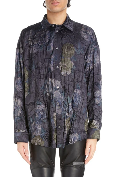 Shop Acne Studios Floral Print Crinkled Satin Button-up Shirt In Navy