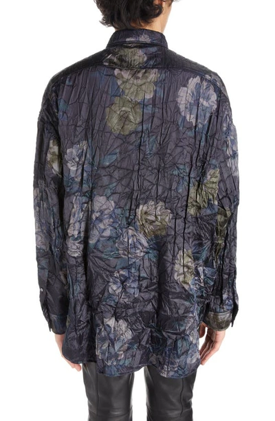 Shop Acne Studios Floral Print Crinkled Satin Button-up Shirt In Navy