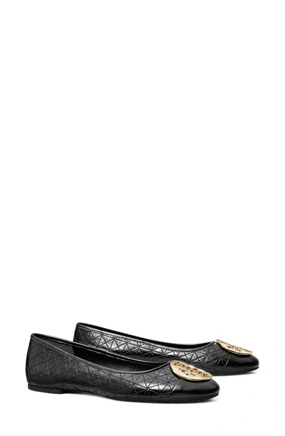 Shop Tory Burch Claire Quilted Ballet Flat In Perfect Black / Silver / Gold